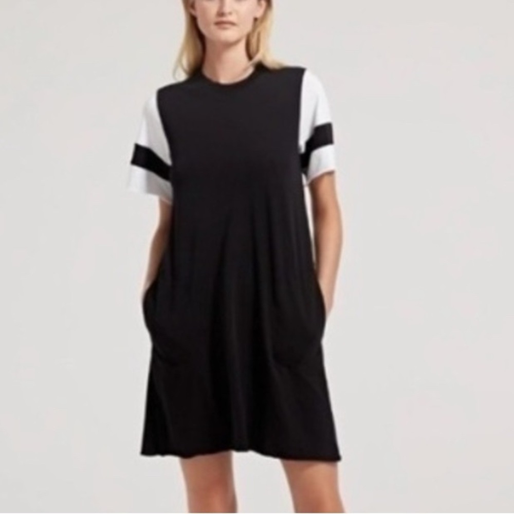 ATM Classic Jersey Striped Sleeve Crew Neck Tee Shirt Dress Pockets XS Jersey